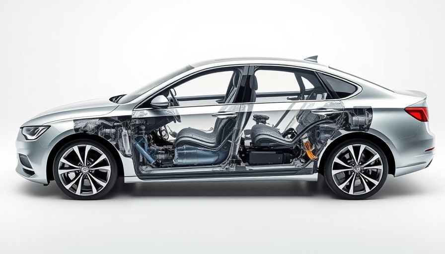 Cutaway view of hybrid drivetrain in a silver sedan