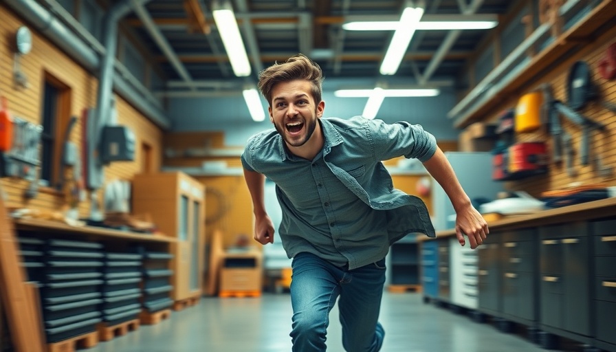 Person excitedly running in workshop for free donuts, vivid colors.