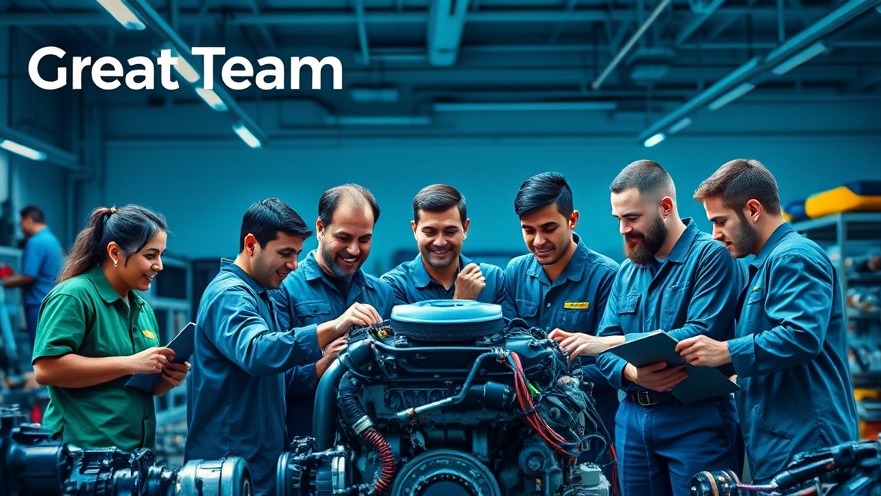 Diverse automotive technicians collaborating on an engine, embodying team development and effective communication.
