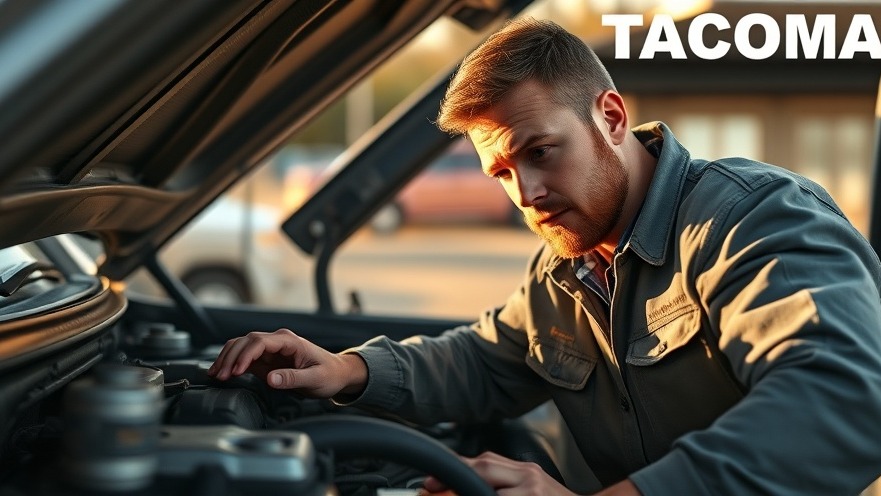 Confident Tacoma owner inspects engine for transmission maintenance concerns, evoking emotion.