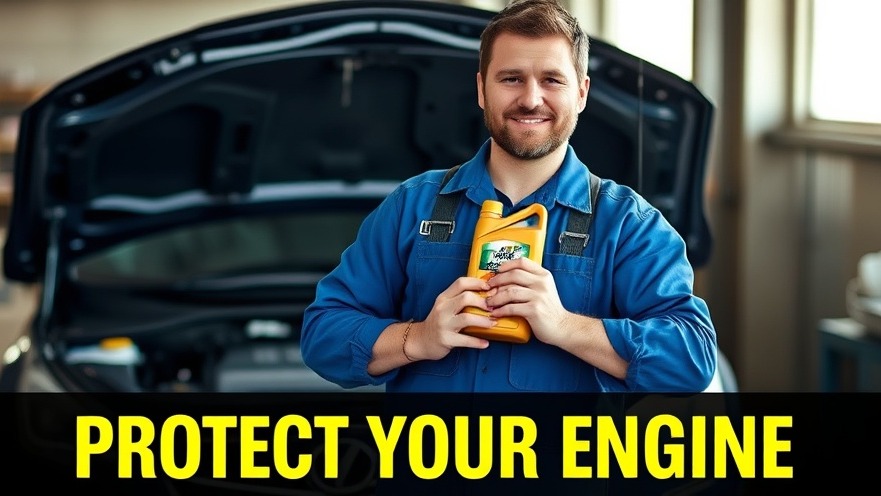 Confident mechanic holding synthetic oil in a well-lit garage for engine maintenance.