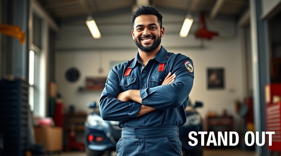 Confident auto mechanic smiling in modern garage, showcasing auto repair marketing strategies.