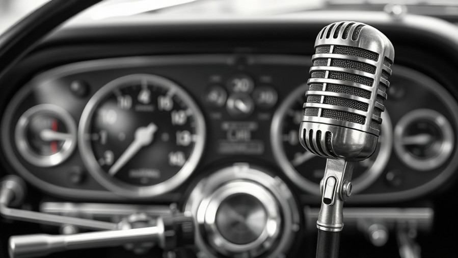 Classic microphone and vintage car dashboard highlighting automotive subscription models.