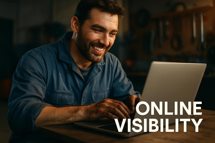 Confident mechanic smiling at laptop, enhancing local SEO through digital presence.