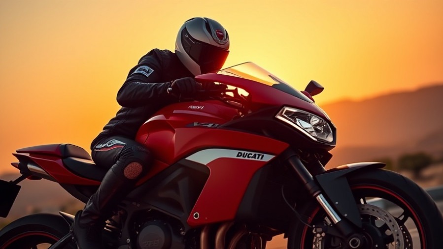 Intense rider in Ducati gear on V4 motorcycle, showcasing horsepower at sunset.