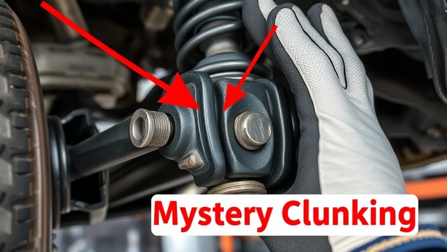 Inspecting car suspension for fix suspension issues with red arrow indicating 'Mystery Clunking'.