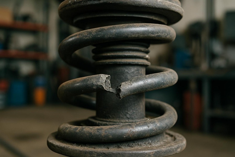 Close-up of a damaged suspension spring showing suspension problems for car DIY repairs.