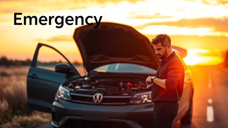 Distressed driver in emergency repair by broken-down car at sunset.