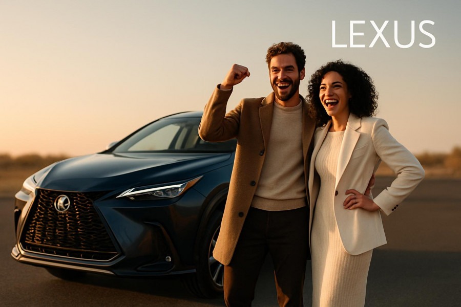 Stylish couple with a 2027 Lexus NX at golden hour, highlighting luxury SUV performance.