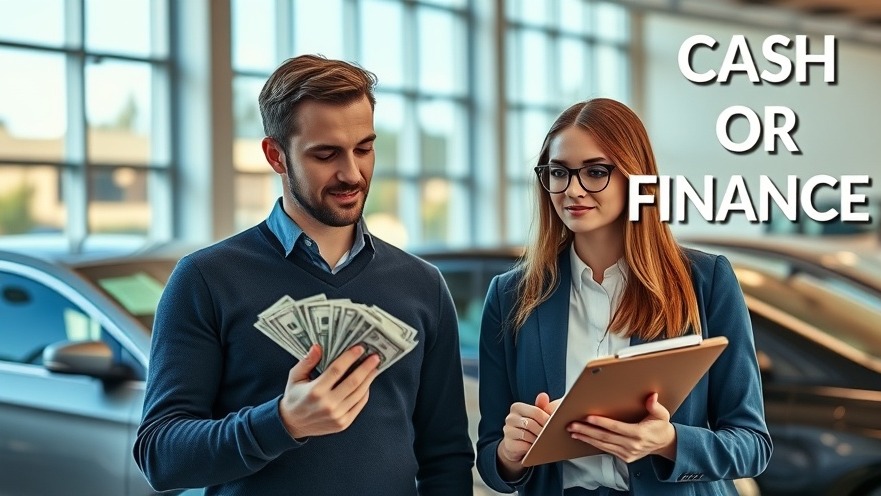 Confident couple in car dealership considering cash vs financing a vehicle options.