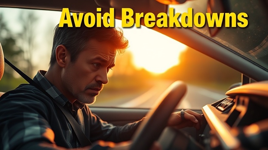 Worried driver inspecting a malfunctioning car engine on the roadside, 'Avoid Breakdowns' typography.