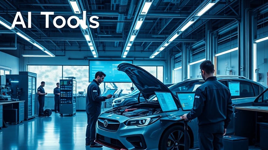 Technicians using AI technology in a modern auto repair shop with innovative data centers.