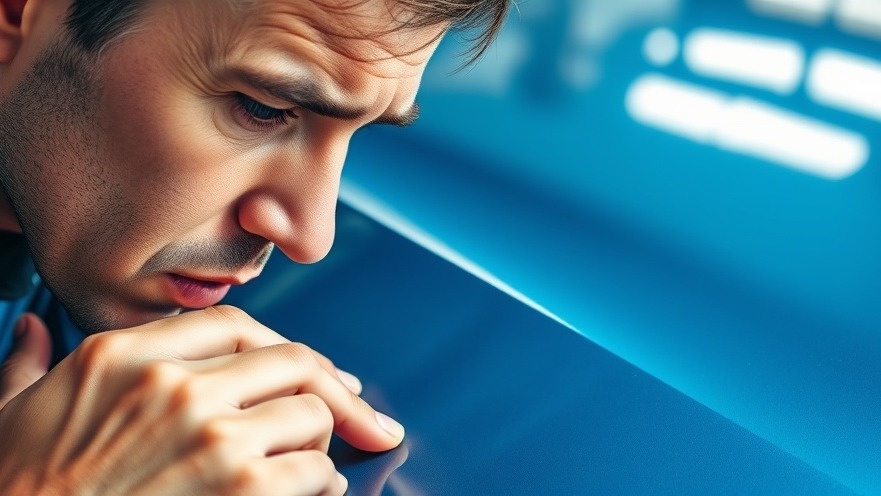Close-up of a concerned person examining a car hood for rust prevention.