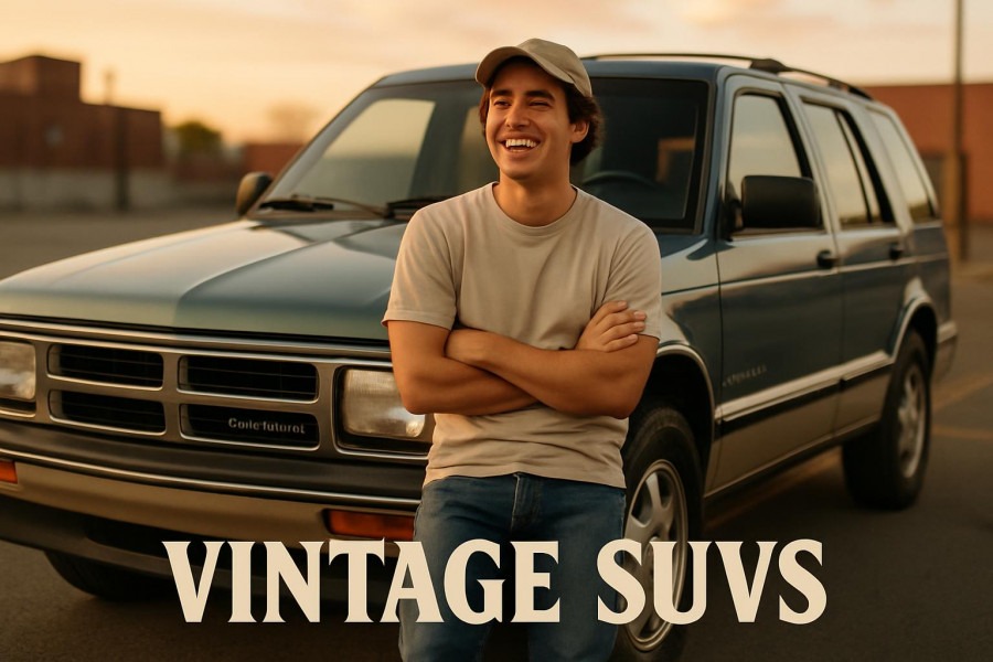 Happy young driver enjoying a well-maintained Oldsmobile Bravada, showcasing used car investments.