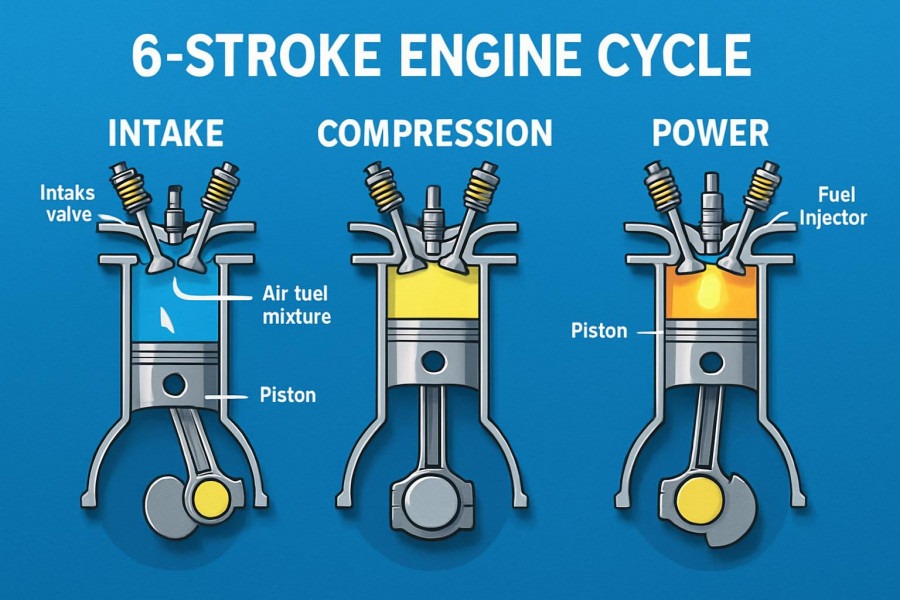 Educational infographic of 6-stroke engine technology demonstrating fuel efficiency and environmental impact.