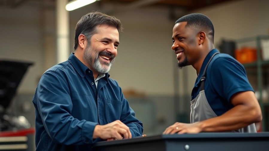 Confident auto shop manager boosts employee engagement with warm interaction.