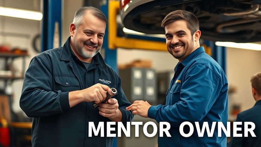 Confident auto shop owner mentoring a younger mechanic on wrench use, showcasing the importance of mentorship.