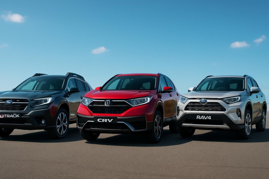 Photorealistic SUV comparison of Subaru Outback, Honda CR-V, and Toyota RAV4 under bright sky.