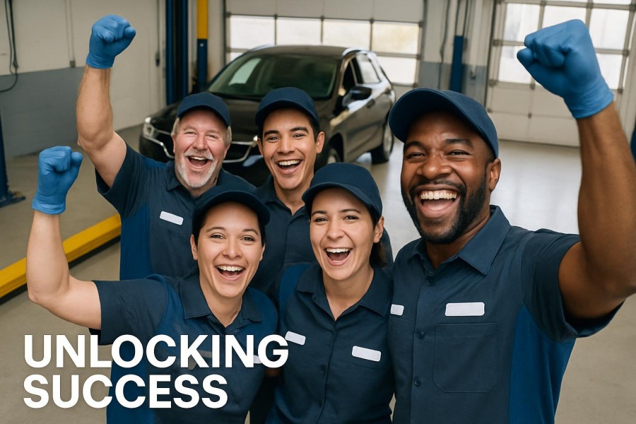 Happy auto repair staff celebrating success in bright service bay, showcasing team spirit.