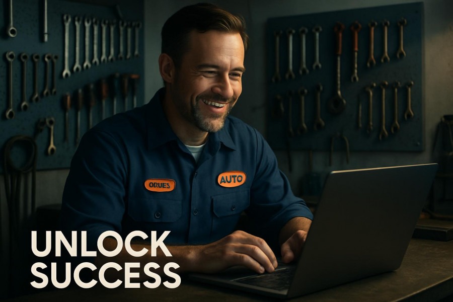 Confident auto repair shop owner smiling at laptop, enhancing customer experience.