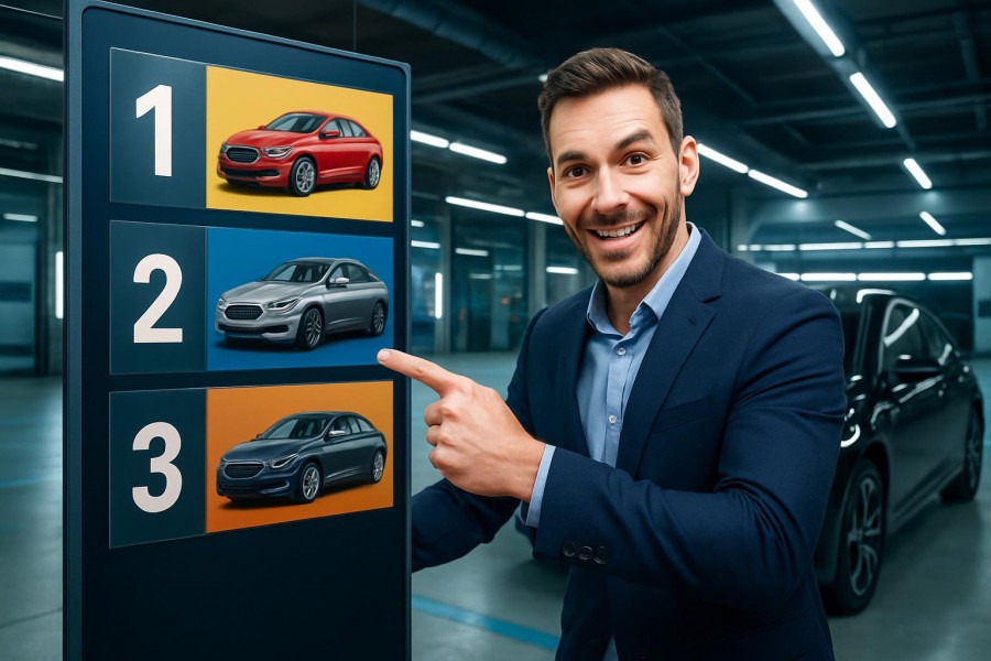 Confident individual pointing to car reliability rankings for reliable hatchbacks and best sedans 2024.