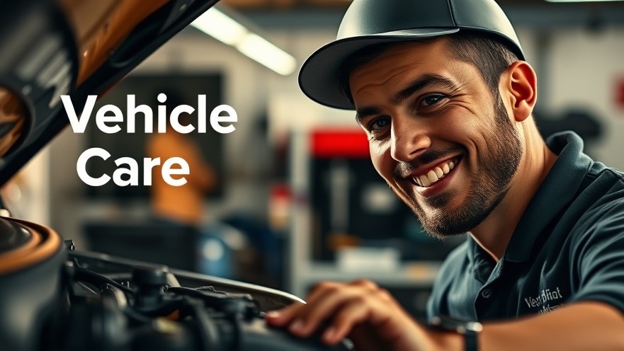 Smiling mechanic inspecting vehicle engine in a professional garage setting. Vehicle Care.