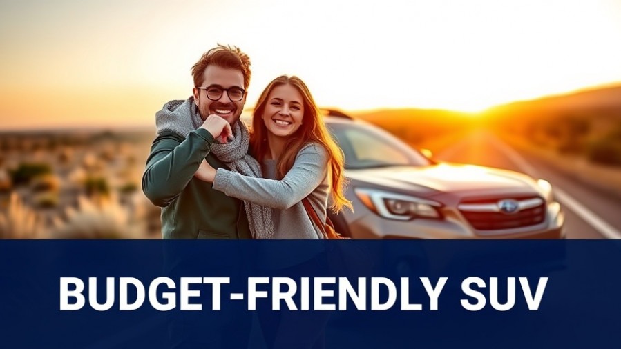 Young couple smiling near a Subaru Outback, embodying adventure and affordability in SUVs.