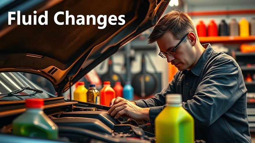 Mechanic inspecting car fluids in a vibrant garage, highlighting fluid changes.
