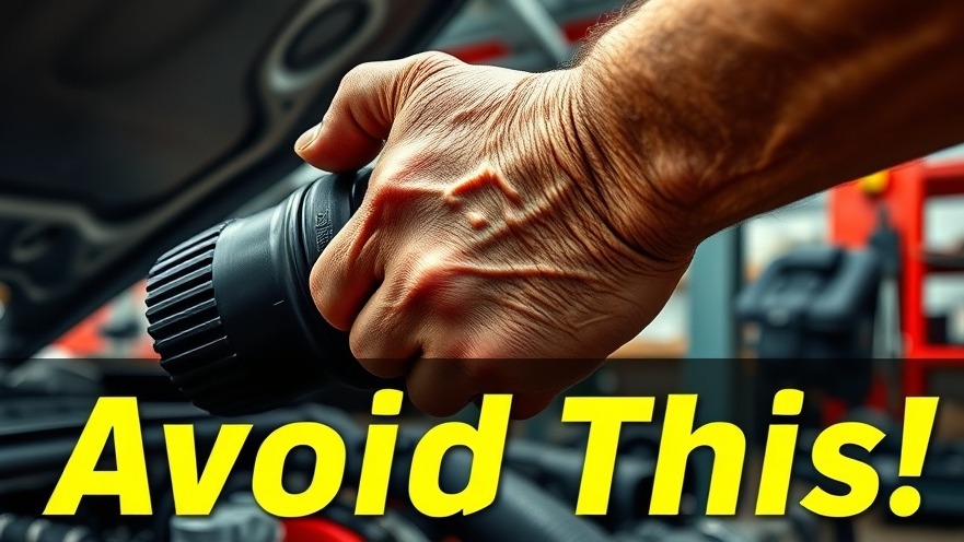Close-up of a mechanic's hand gripping a car part for auto repairs, with a warning overlay.