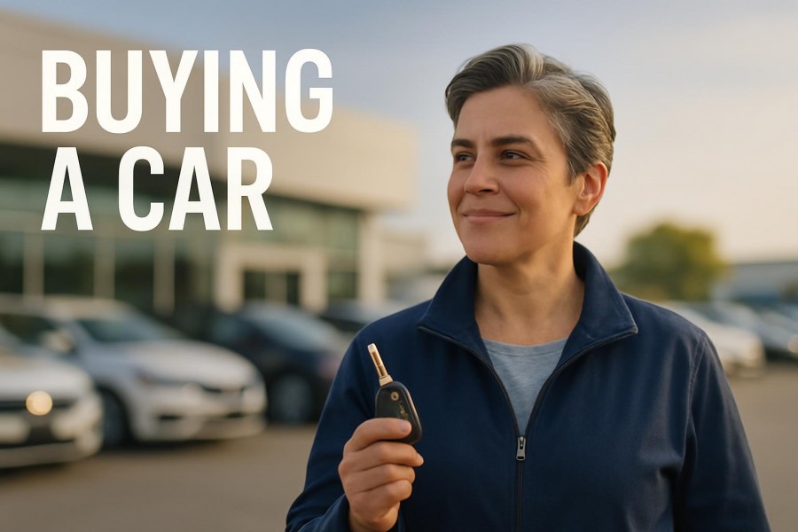 Middle-aged person confidently holding car keys near a dealership, symbolizing reliable low-cost cars.