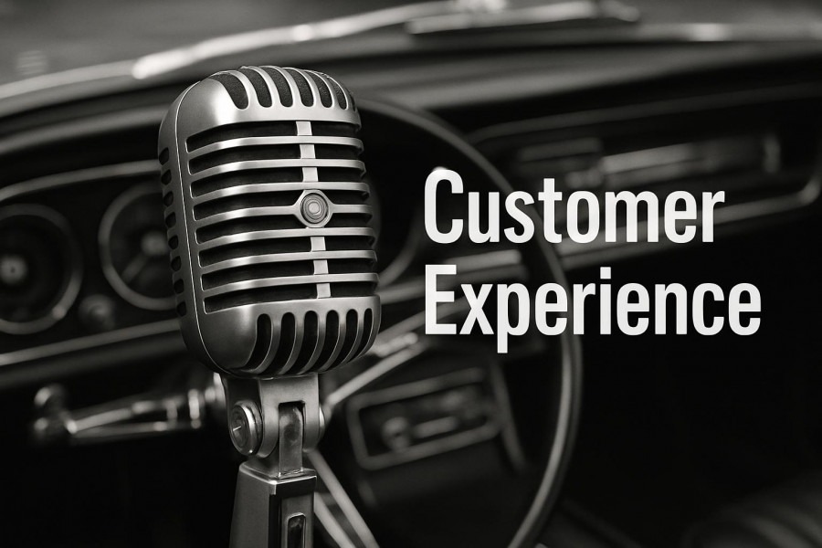 Vintage microphone in retro car, highlighting auto repair marketing strategies.