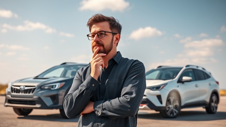 Man comparing Subaru Crosstrek Hybrid and Toyota Corolla Cross Hybrid for fuel efficiency.