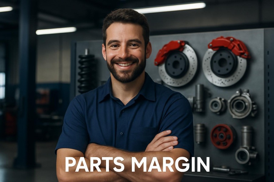 Confident auto shop owner smiling in modern garage, showcasing parts profit.