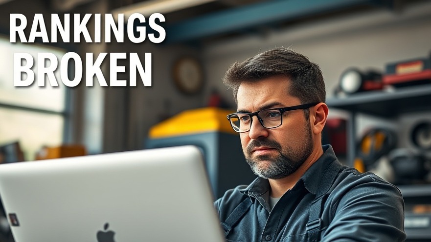 Confident auto shop owner tracking success in local rankings with a laptop.