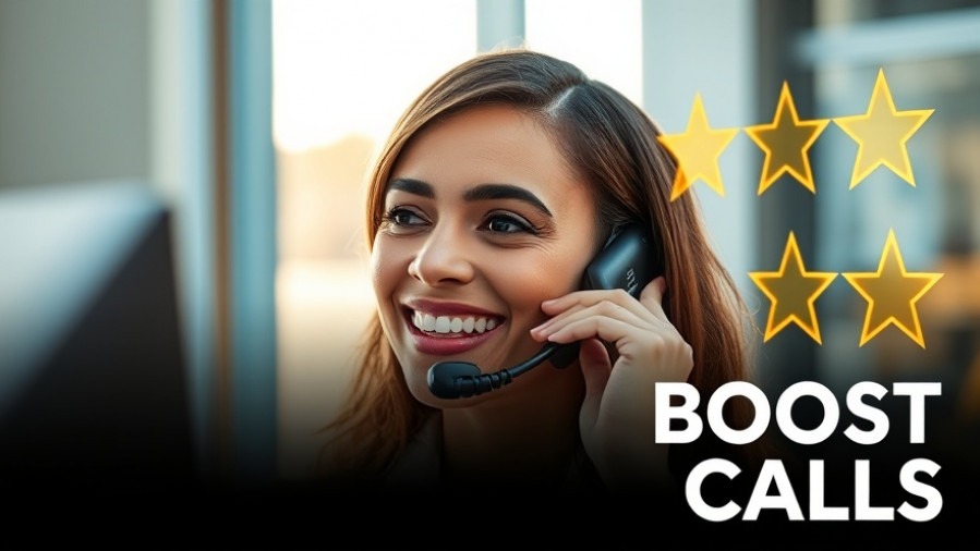 Smiling service rep on phone, glowing review stars, enhancing customer feedback in automotive repair.