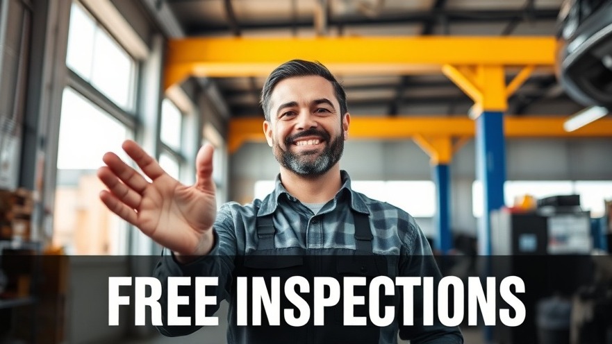 Confident auto mechanic promoting customer trust in auto repair with free inspections.