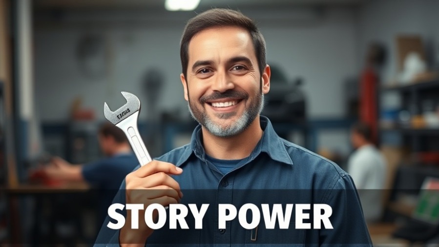 Confident auto repair shop owner with wrench, showcasing storytelling in marketing strategies.