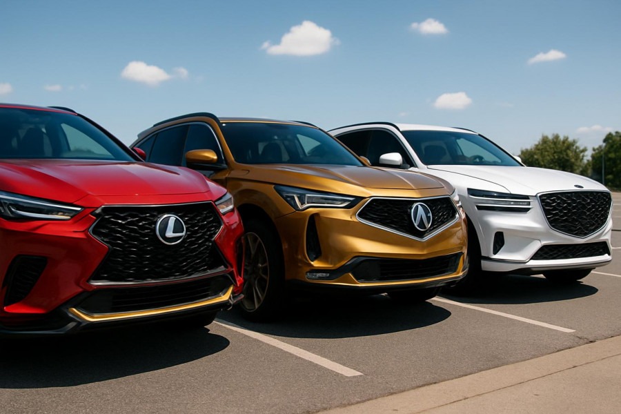 Vibrant luxury SUVs: red Lexus RX, gold Acura MDX, white Genesis GV80 under clear sky.