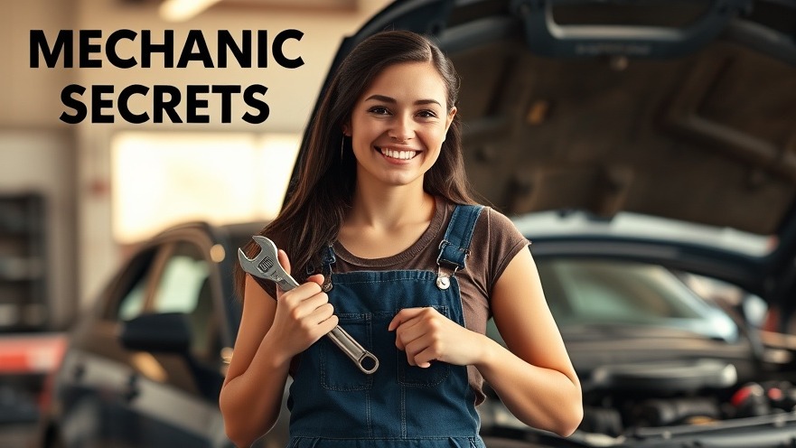Confident female mechanic smiles in a garage, showcasing car care secrets.