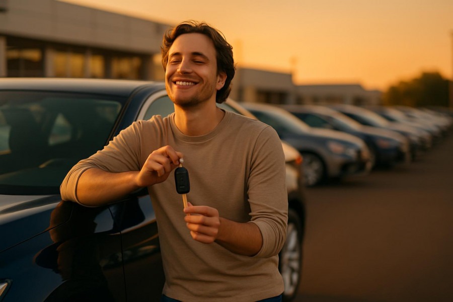 Young adult enjoying budget car benefits, smiling by a clean vehicle at sunset.