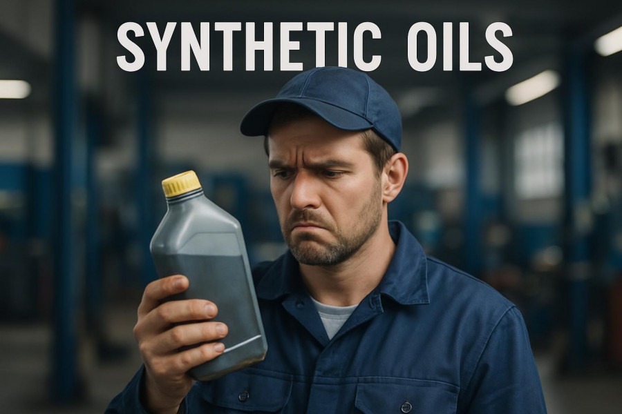 Concerned mechanic analyzing used engine oil label, highlighting synthetic oil misconceptions.