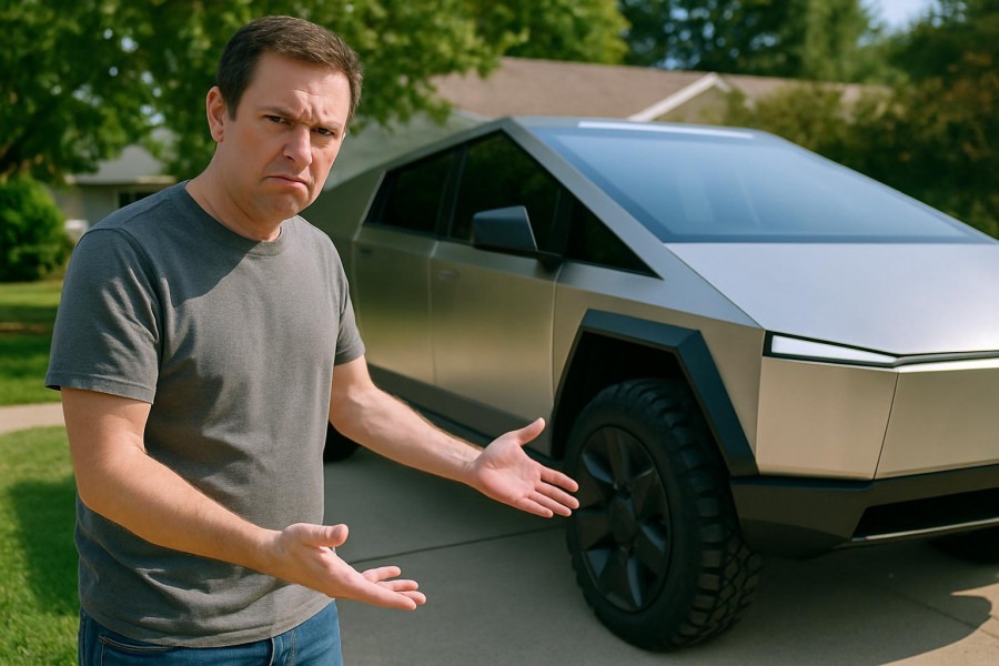 Man critiques Tesla Cybertruck design in vibrant suburban setting.