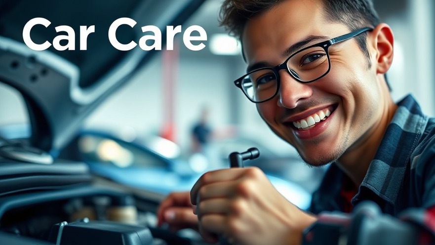 Smiling person checking oil dipstick in vibrant garage, highlighting car care.