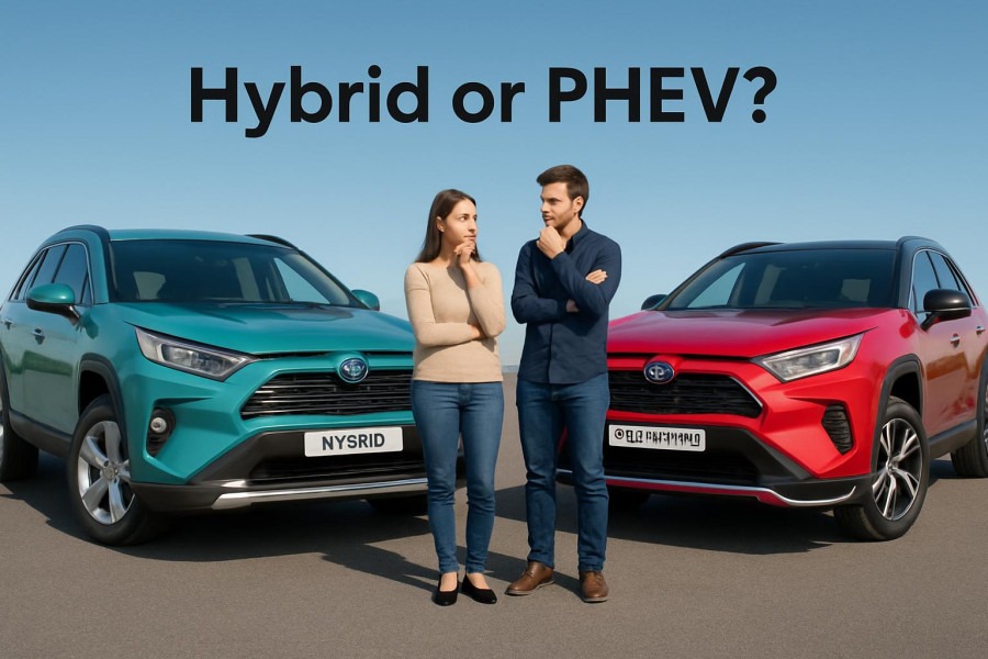 Teal Toyota RAV4 Hybrid and red Plug-In Hybrid under clear sky, analyzing hybrid vehicle benefits.