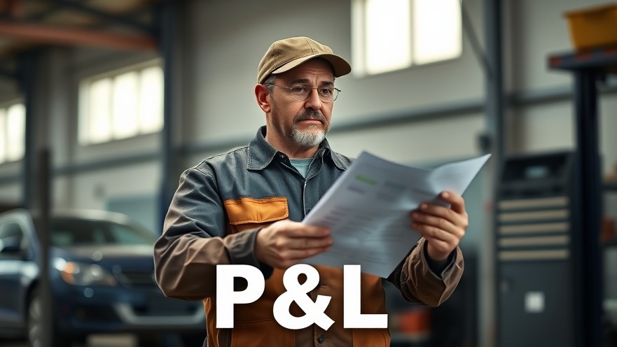 Confident auto shop owner reviews profit and loss statement in garage.