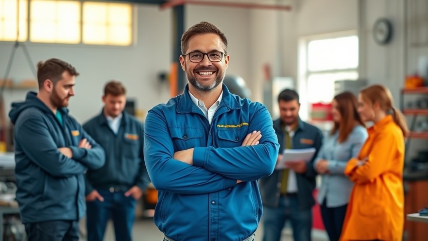 Confident auto repair shop owner promoting personalized marketing with team collaboration.