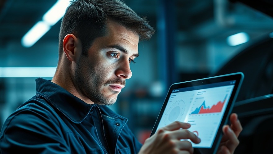 Auto technician analyzing automotive repair trends on a tablet in a modern workshop.