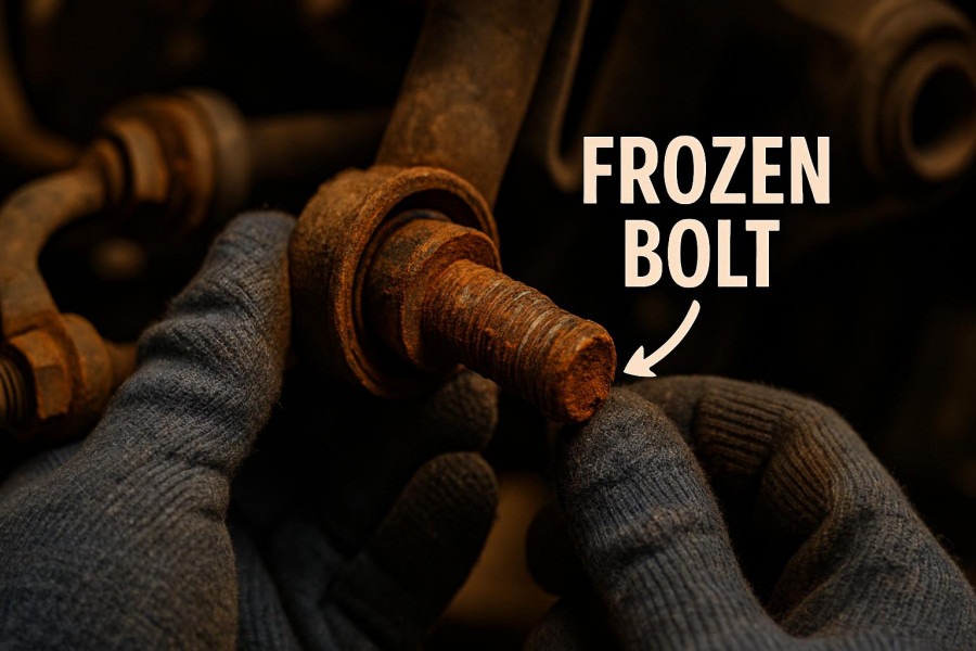 Close-up of rusted suspension bolts highlighting a frozen bolt for vehicle maintenance.