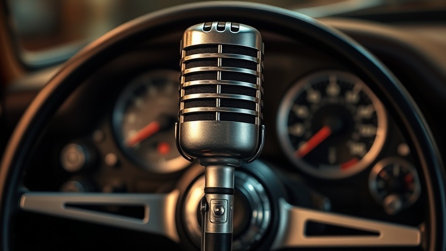 Vintage microphone with classic car dashboard, showcasing auto repair customer engagement.