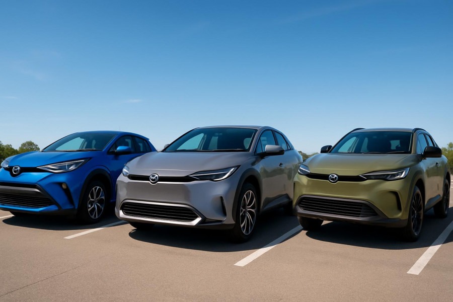 Toyota C-HR, BZ, and BZ Woodland showcasing Toyota's EV lineup under blue skies.